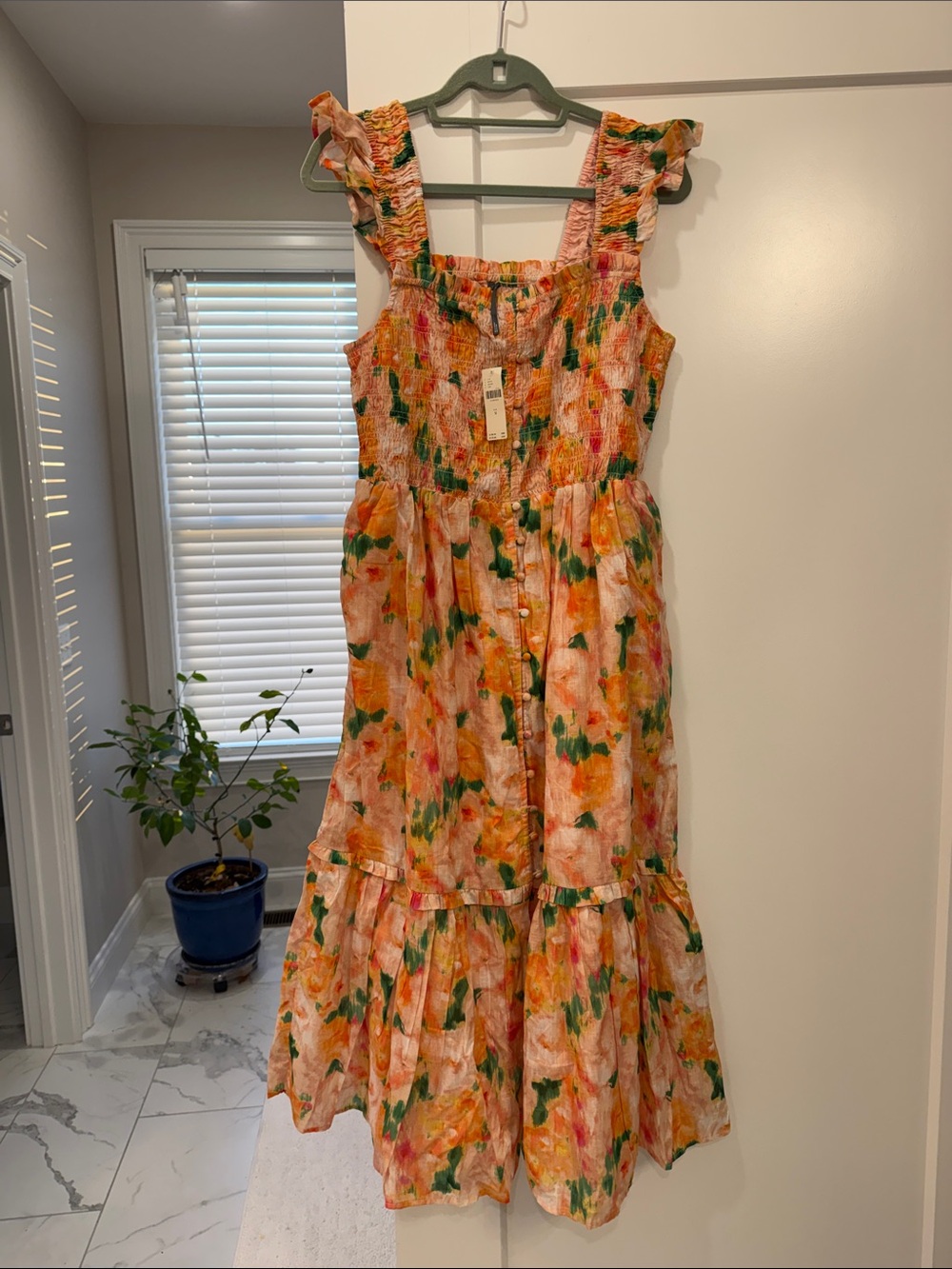 Anthropologie Floral Midi Dress in Peach, Orange & Green